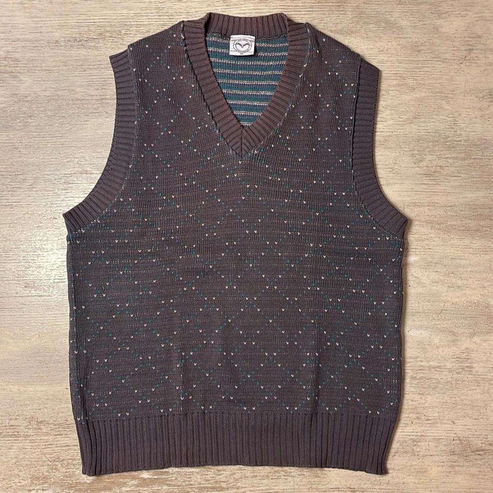 EUC Vintage US Lines Sportswear Brown Teal Diamond Patterned Cotton Vest Size M